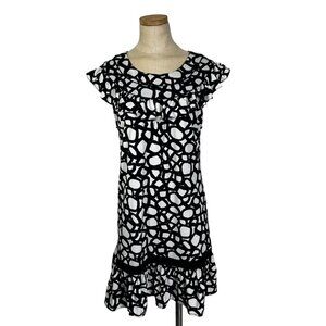 BCBGmaxazria women's dress S black white patterned peplum hem short sleeve